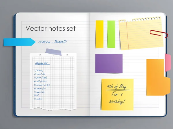 Vektorillustration av en notebook sida med olika färgade klibbiga papper noter — Stock vektor