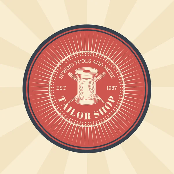 Ilustración vectorial vintage de insignia, pegatina, letrero para sastrería con aguja y bobina con hilos — Vector de stock