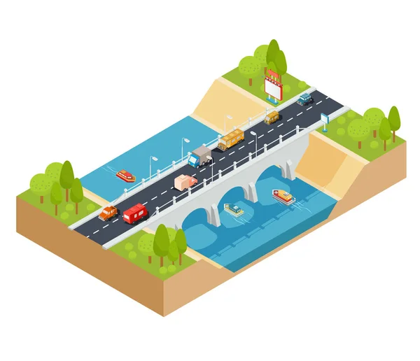 Sección transversal isométrica vectorial 3D de un paisaje con un río que fluye y un puente de automóvil a través de él . — Vector de stock
