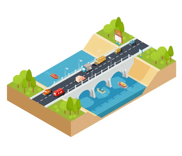 Vector 3d isometrische dwarsdoorsnede van een landschap met een stromende rivier en auto brug erdoorheen. — Stockvector