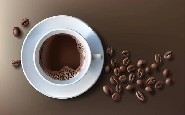 Vectorillustratie van een realistische stijl van witte koffiekopje met een schotel en koffiebonen, bovenaanzicht, geïsoleerd op brown — Stockvector