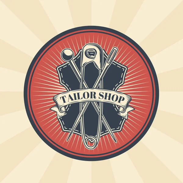 Illustration vectorielle vintage de badge, autocollant, signe pour boutique de tailleur avec aiguille, broche et épingle de sécurité — Image vectorielle