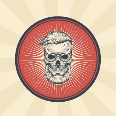 Vektör vintage rozet, etiket, hipster kafatası işaretiyle