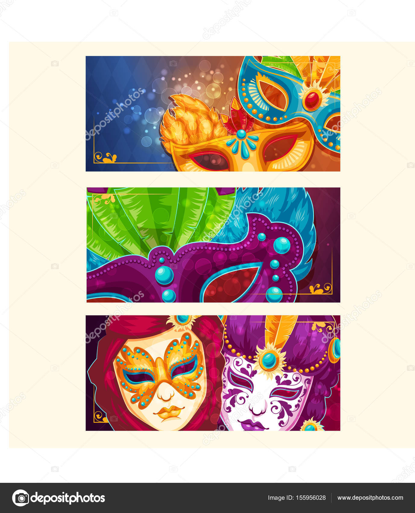 Conjunto de máscaras de carnaval con decoración de plumas y pancarta de  fiesta