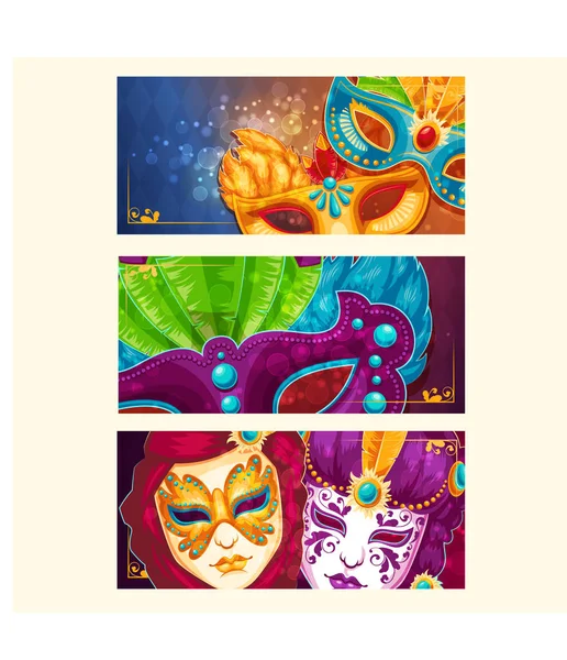 Colección de pancartas de dibujos animados con máscaras de carnaval decoradas con plumas y pedrería — Vector de stock