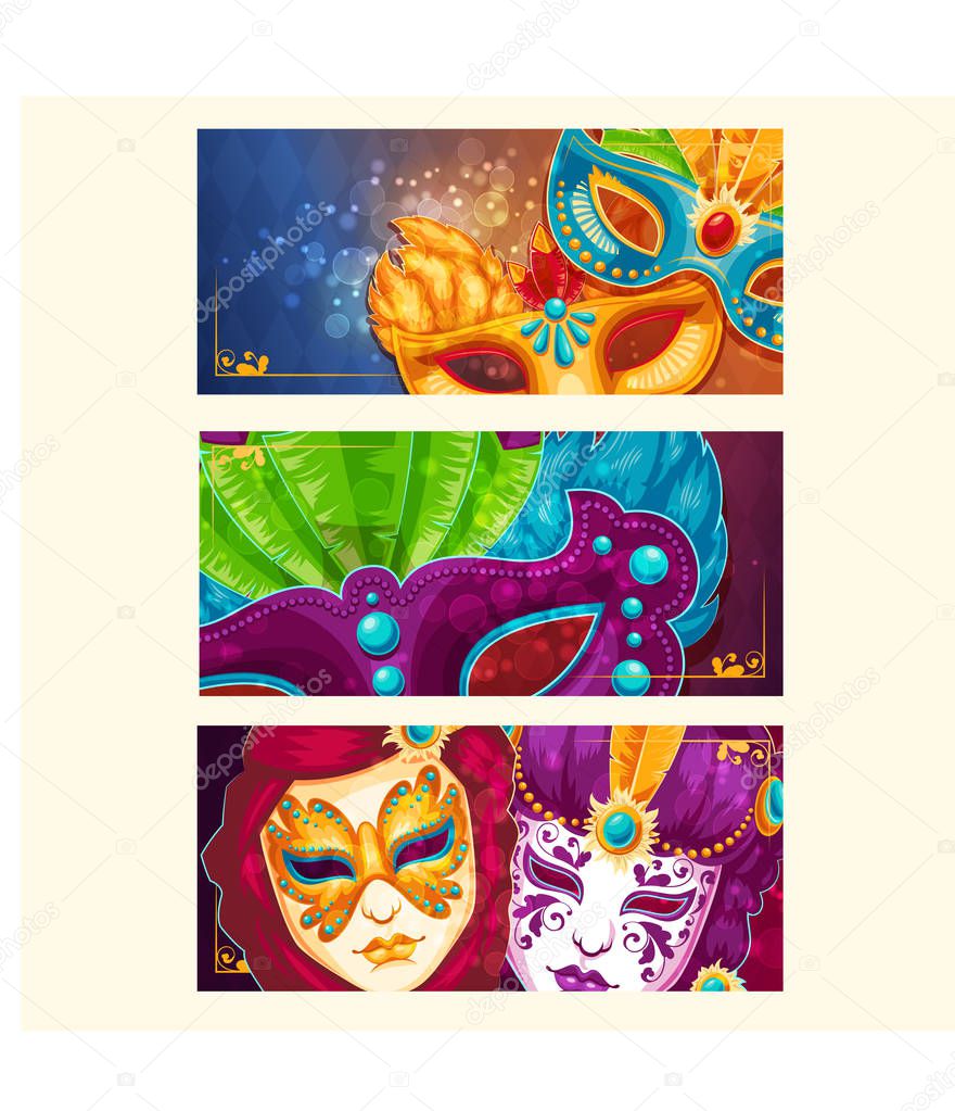 Collection of cartoon banners with carnival masks decorated with feathers and rhinestones