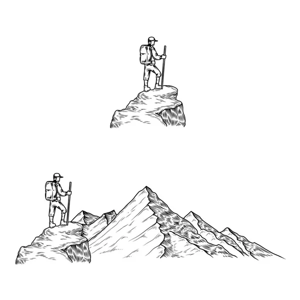 Illustrations vectorielles dessinées à la main les montagnes avec un touriste — Image vectorielle