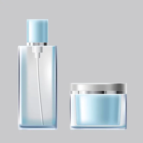 Conjunto de ilustrações vetoriais de embalagens cosméticas de vidro azul claro — Vetor de Stock