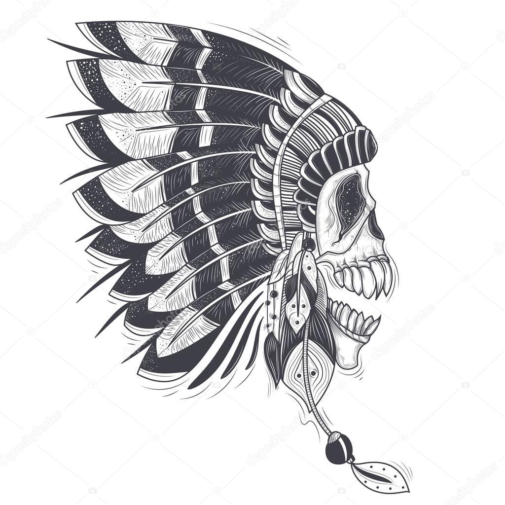 Vector illustration of a template for a tattoo with a human skull in an indian feather hat.