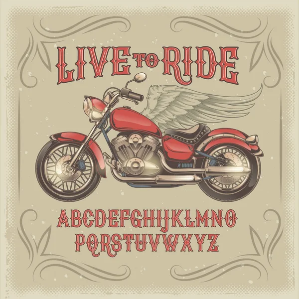 Ilustração vetorial de uma fonte vintage vermelha, o alfabeto latino com motocicleta personalizada retro —  Vetores de Stock