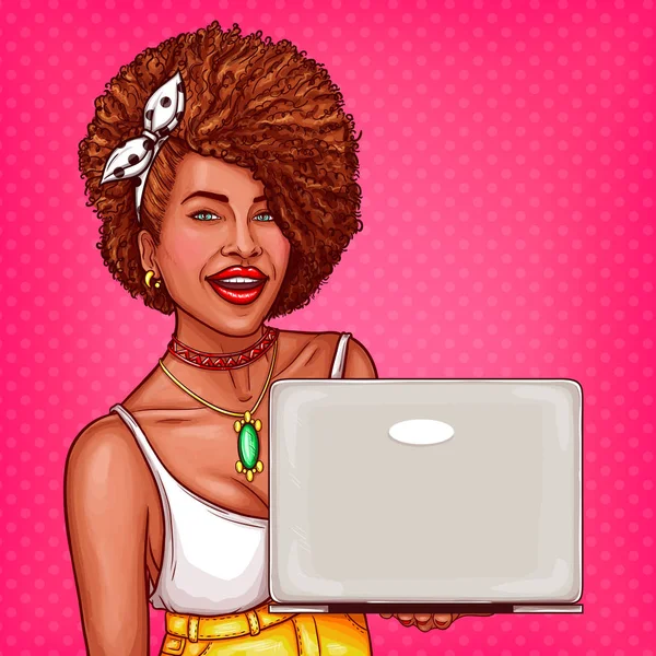 Ilustrasi seni pop vektor dari seorang wanita kulit hitam menunjukkan model laptop baru - Stok Vektor