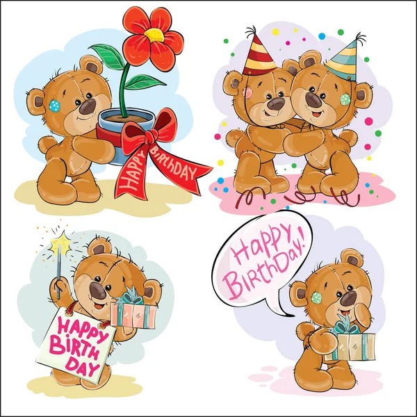 Set of vector clip art illustrations of brown teddy bear wishes you a happy birthday. — Stock Vector