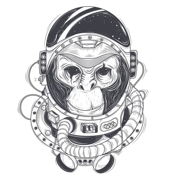 矢量手绘制的插图的猴子宇航员，在太空服的黑猩猩 — 图库矢量图片