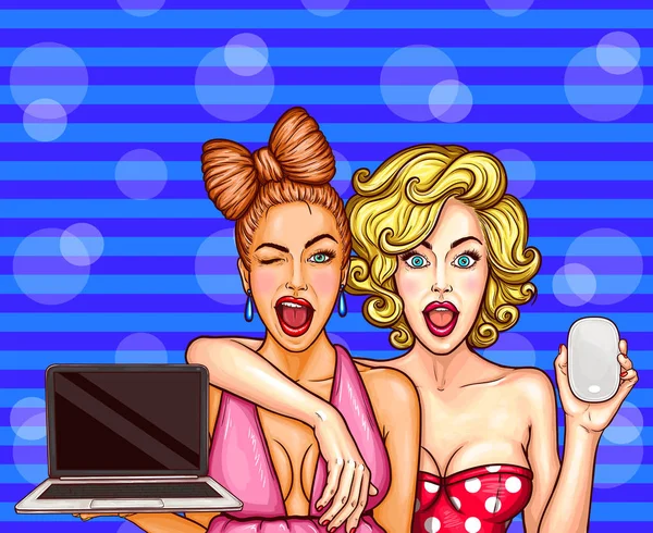 Ilustração de arte pop vetorial de duas jovens garotas entusiasmadas glamourosas seguram em suas mãos laptop aberto e mouse para computador —  Vetores de Stock