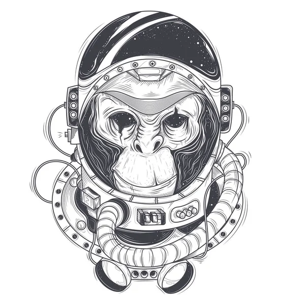 Vektor tangan digambar ilustrasi dari astronot monyet, simpanse dalam setelan ruang angkasa Stok Vektor Bebas Royalti