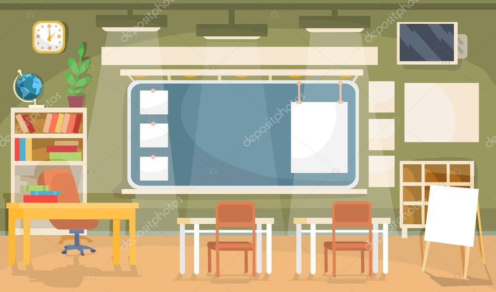 Vector flat illustration of an empty classroom in a school, university, college, institute