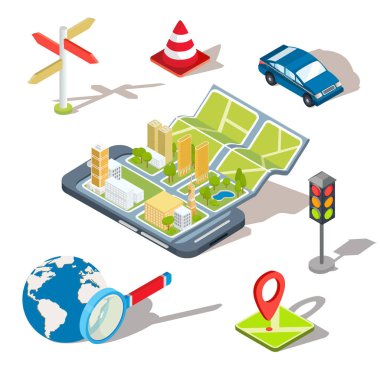 Küresel konumlandırma sistemi mobil uygulama kullanarak kavramı vektör çizim.