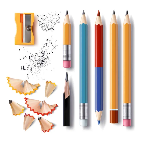 Set of vector sharpened pencils of various lengths with a rubber, a sharpener, pencil shavings — Stock Vector