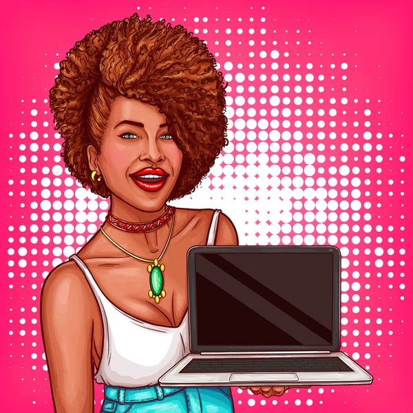 Illustrazione pop art vettoriale di una donna nera dimostra un nuovo modello di laptop — Vettoriale Stock