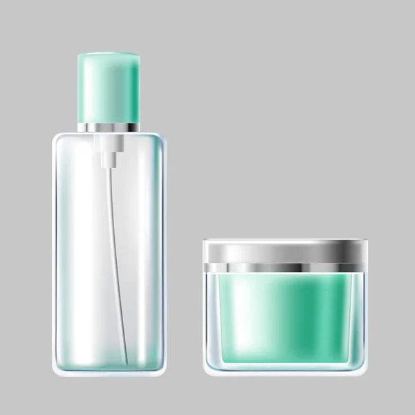 Set illustrazione vettoriale di imballaggio cosmetico in vetro azzurro — Vettoriale Stock
