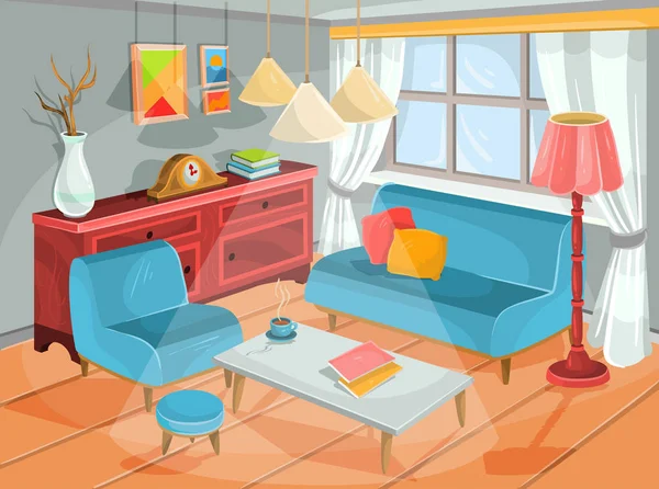 Ilustración vectorial de un acogedor interior de dibujos animados de una habitación en casa, un salón — Vector de stock