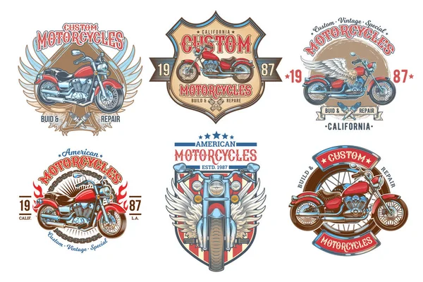 Set vector color vintage badges, emblems with a custom motorcycle — Stock Vector