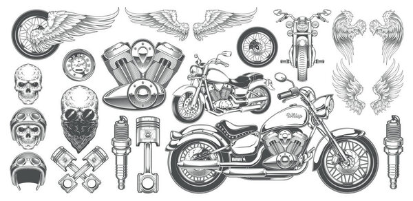 Set of vector illustrations, icons of vintage motorcycle in various angles, skulls, wings