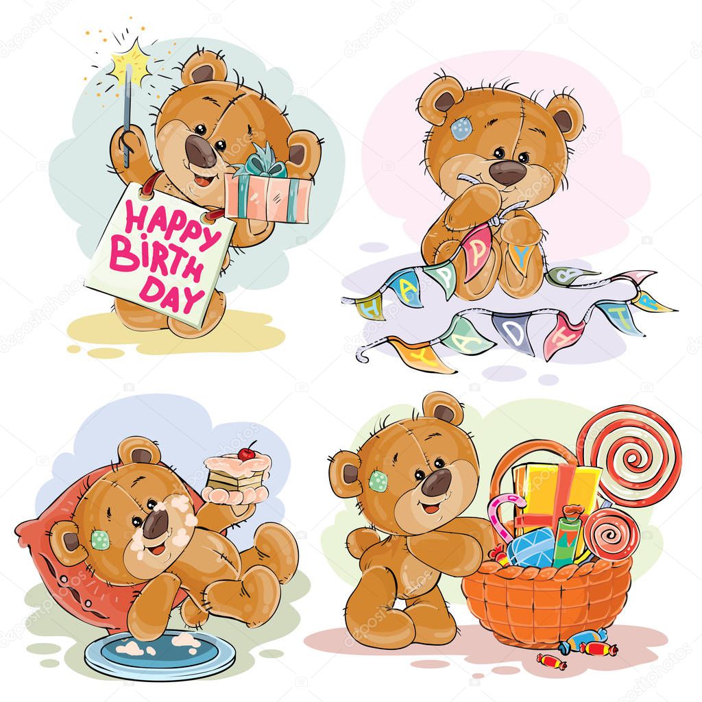 Set of vector clip art illustrations of brown teddy bear wishes you a happy birthday.
