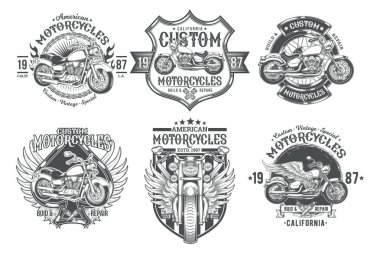 Vektör siyah vintage rozetleri, amblemler özel bir motosiklet ile ayarla