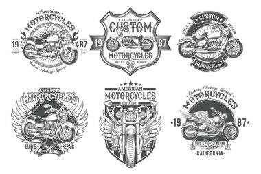 Set vector black vintage badges, emblems with a custom motorcycle clipart