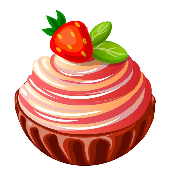 Ilustración vectorial, icono de pastel decorativo con fresas y hojas de menta aisladas en un blanco — Vector de stock