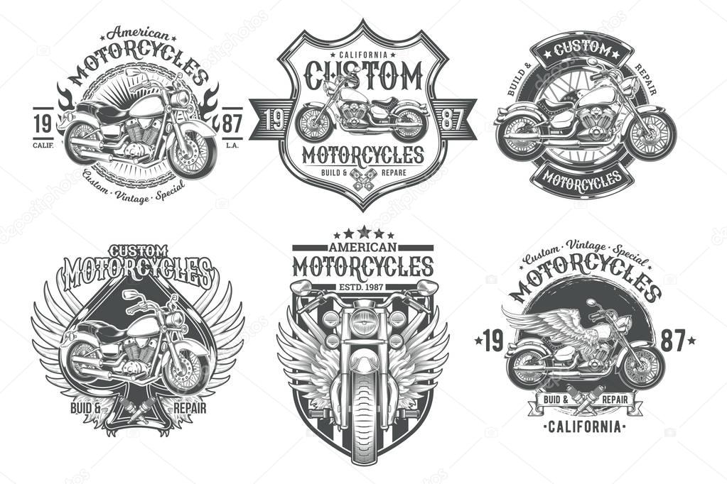 Set vector black vintage badges, emblems with a custom motorcycle