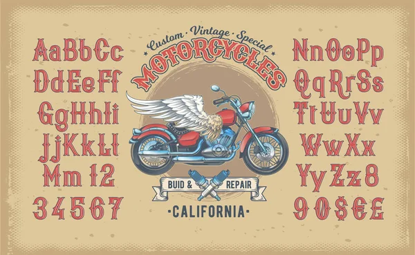 Illustrazione vettoriale di un carattere vintage rosso, l'alfabeto latino con moto retrò personalizzata — Vettoriale Stock