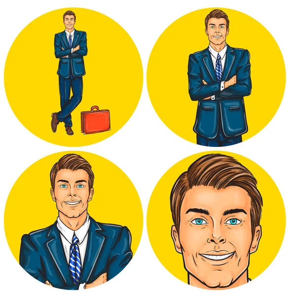 Set of vector illustration, mens pop art round avatars icons — Stock Vector