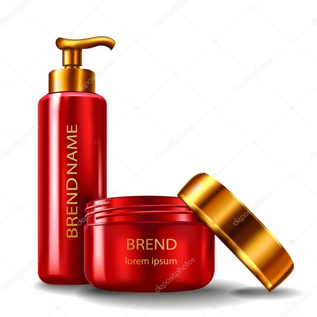 Vector illustration of a realistic style of red plastic cosmetic containers with golden caps