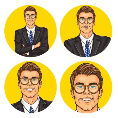 Set of vector illustration, mens pop art round avatars icons vector Set of vector illustration, mens pop art round avatars icons vector