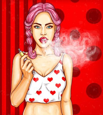 Vektör pop sanat PIN kadar illüstrasyon bir genç seksi kız vaping e-sigara