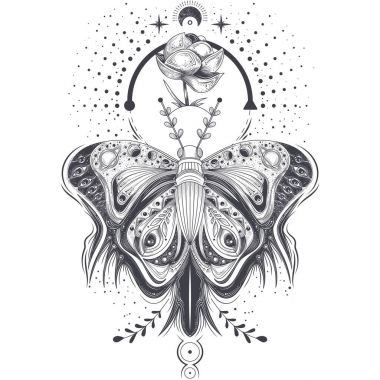 Vektör çizim bir kroki, dövme sanatı kelebek soyut tarzda, mistik, astrolojik sembolü.