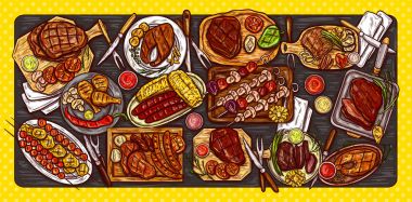 Vektör çizim, mutfak afiş, ızgara et, sosis, sebze ve soslar ile Barbekü arka plan.