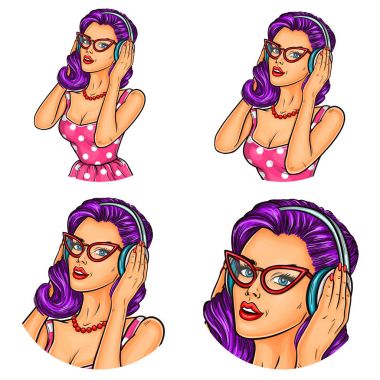 Vektör çizim ayarla, kadın pop sanat yuvarlak avatarlar simgeler