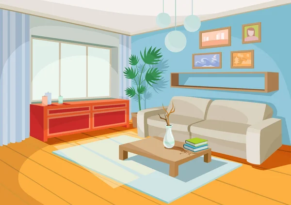 Ilustración vectorial de un acogedor interior de dibujos animados de una habitación en casa, un salón — Vector de stock