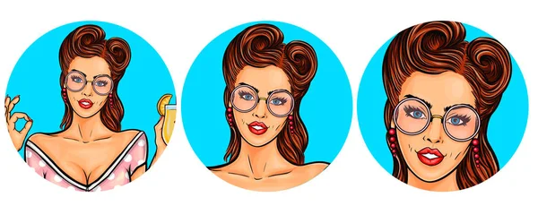Conjunto de ilustração vetorial, mulheres pop arte redonda avatares ícones — Vetor de Stock
