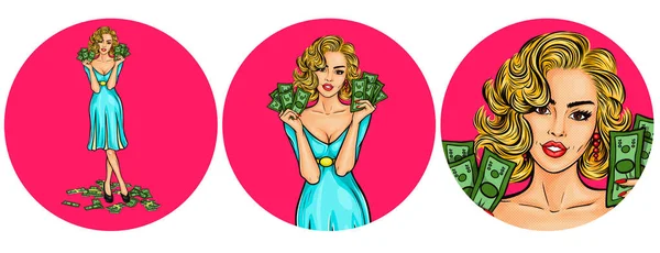 Set di illustrazione vettoriale, donne pop art icone avatar rotondi — Vettoriale Stock