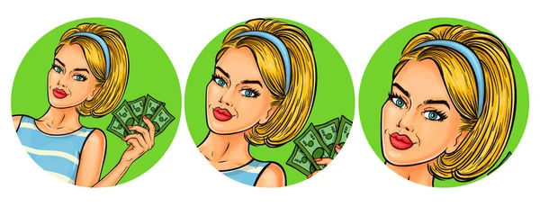 Set van vectorillustratie, womens popart ronde avatars pictogrammen — Stockvector