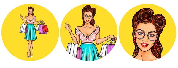 Womens popkonst uppsättning vektorillustration, och runda avatarer ikoner — Stock vektor