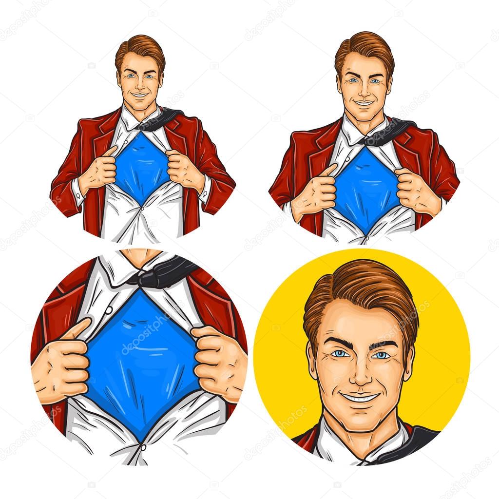 Set of vector illustration, mens pop art round avatars icons