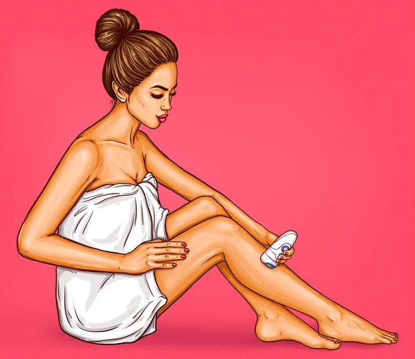 Ilustração de arte de vetor pop de mulher bonita com pernas bem tratadas e epilator elétrico na mão . —  Vetores de Stock