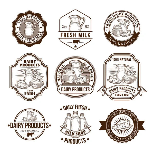 Set di illustrazioni vettoriali, badge, adesivi, etichette, francobolli per latte e prodotti lattiero-caseari — Vettoriale Stock