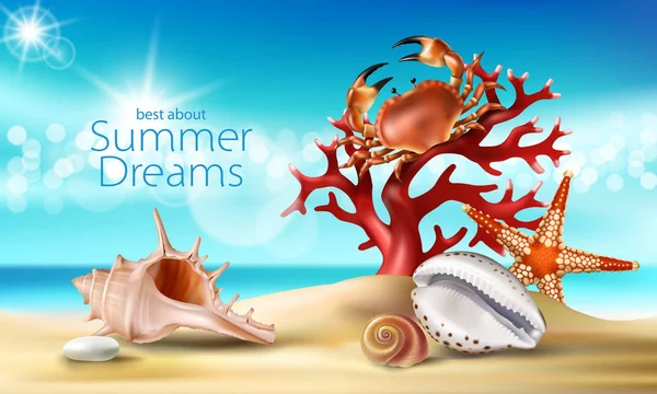 Vector de fondo turquesa con playa de arena de verano, conchas marinas, guijarros, estrellas de mar, cangrejo y coral — Vector de stock