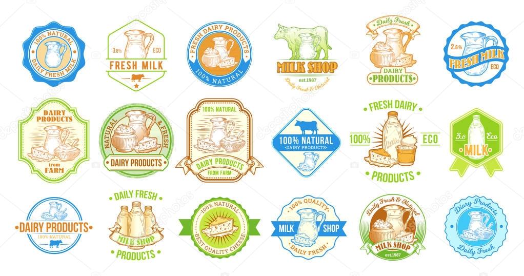 Big color set of vector illustrations, badges, stickers, labels, stamps for milk and dairy products for packaging, advertising and grocery stores